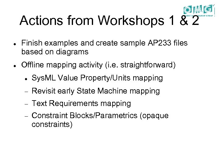 Actions from Workshops 1 & 2 Finish examples and create sample AP 233 files