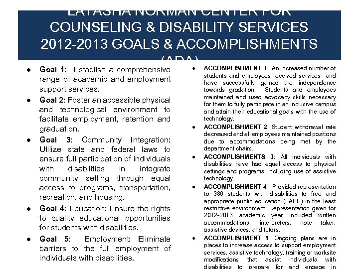 ● ● ● LATASHA NORMAN CENTER FOR COUNSELING & DISABILITY SERVICES 2012 -2013 GOALS