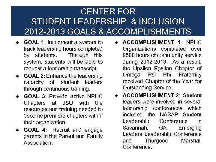 CENTER FOR STUDENT LEADERSHIP & INCLUSION 2012 -2013 GOALS & ACCOMPLISHMENTS ● GOAL 1: