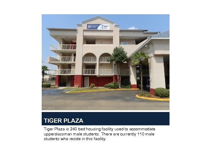 TIGER PLAZA Tiger Plaza is 240 bed housing facility used to accommodate upperclassman male
