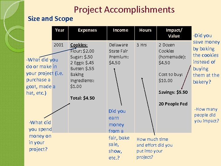 Size and Scope Year 2001 -What did you do or make in your project