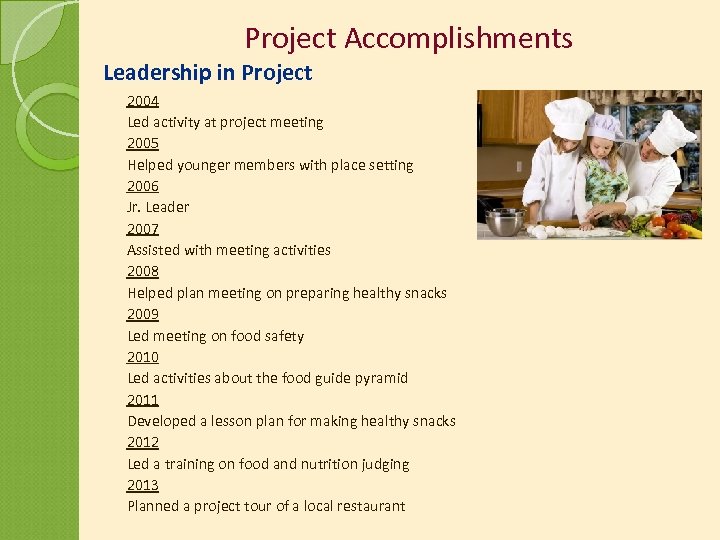 Project Accomplishments Leadership in Project 2004 Led activity at project meeting 2005 Helped younger