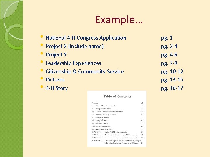 Example… • National 4 -H Congress Application • Project X (include name) • Project