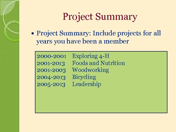 Project Summary Project Summary: Include projects for all years you have been a member