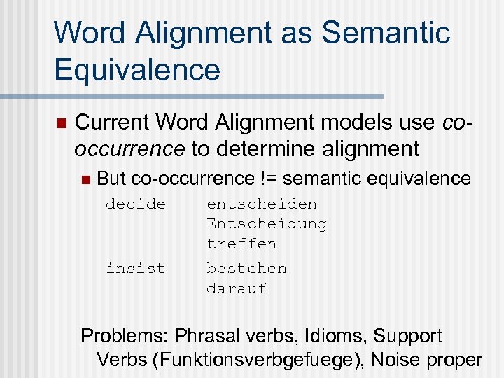 Word Alignment as Semantic Equivalence n Current Word Alignment models use cooccurrence to determine
