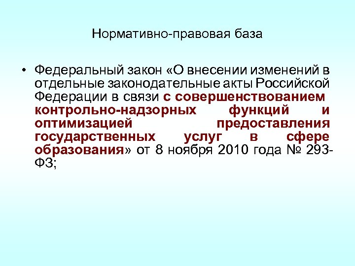Нормативно-правовая база • Федеральный закон «О внесении изменений в отдельные законодательные акты Российской Федерации