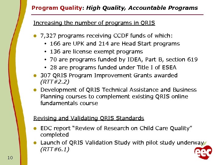 Program Quality: High Quality, Accountable Programs Increasing the number of programs in QRIS 7,