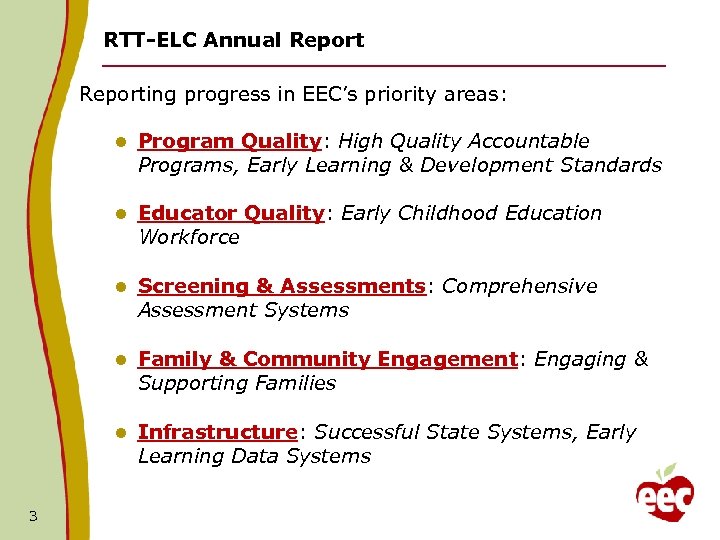 RTT-ELC Annual Reporting progress in EEC’s priority areas: l l Educator Quality: Early Childhood