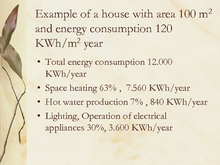 Example of a house with area 100 m 2 and energy consumption 120 KWh/m
