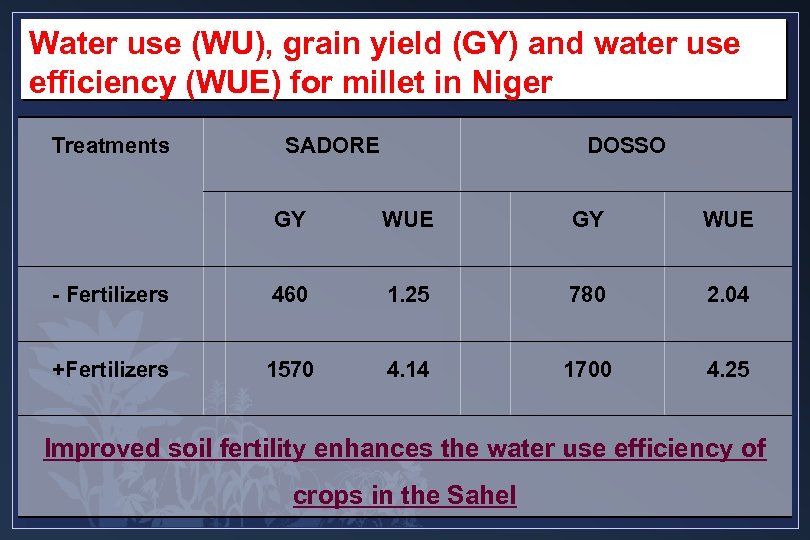 Water use (WU), grain yield (GY) and water use efficiency (WUE) for millet in