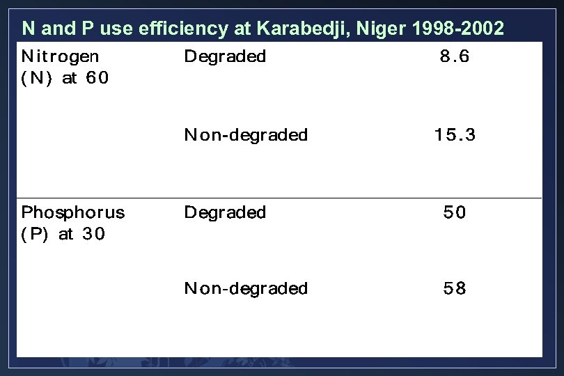N and P use efficiency at Karabedji, Niger 1998 -2002 