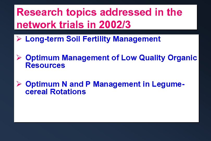 Research topics addressed in the network trials in 2002/3 Ø Long-term Soil Fertility Management