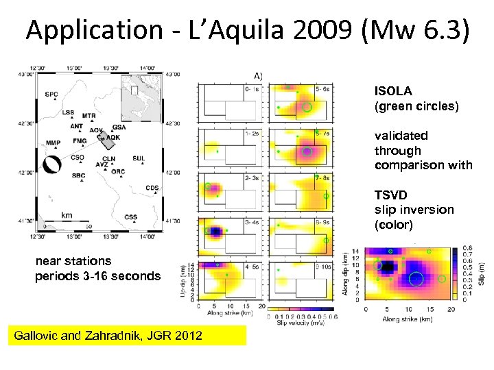 Application - L’Aquila 2009 (Mw 6. 3) ISOLA (green circles) validated through comparison with
