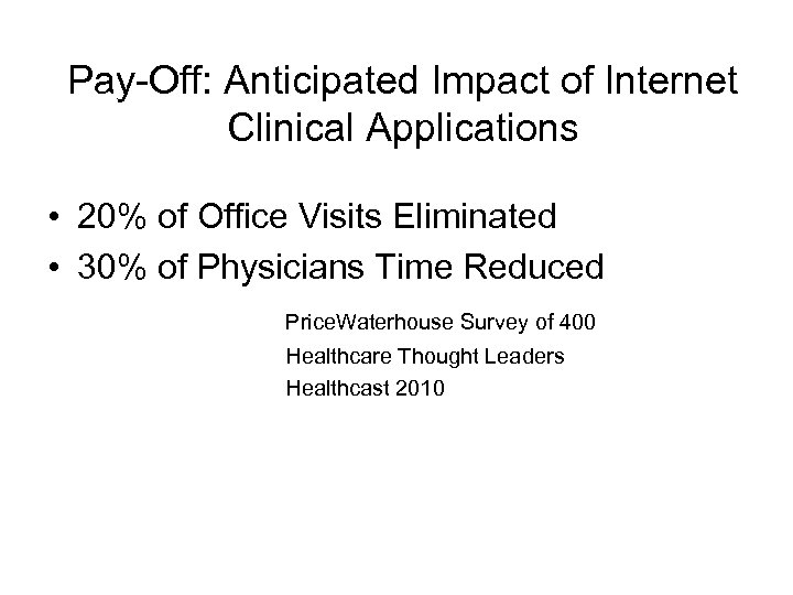 Pay-Off: Anticipated Impact of Internet Clinical Applications • 20% of Office Visits Eliminated •