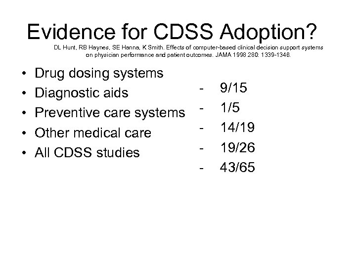 Evidence for CDSS Adoption? DL Hunt, RB Haynes, SE Hanna, K Smith. Effects of