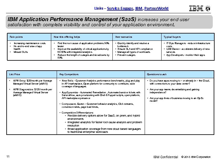 Links – Service Engage, IBM, Partner. World IBM Application Performance Management (Saa. S) increases