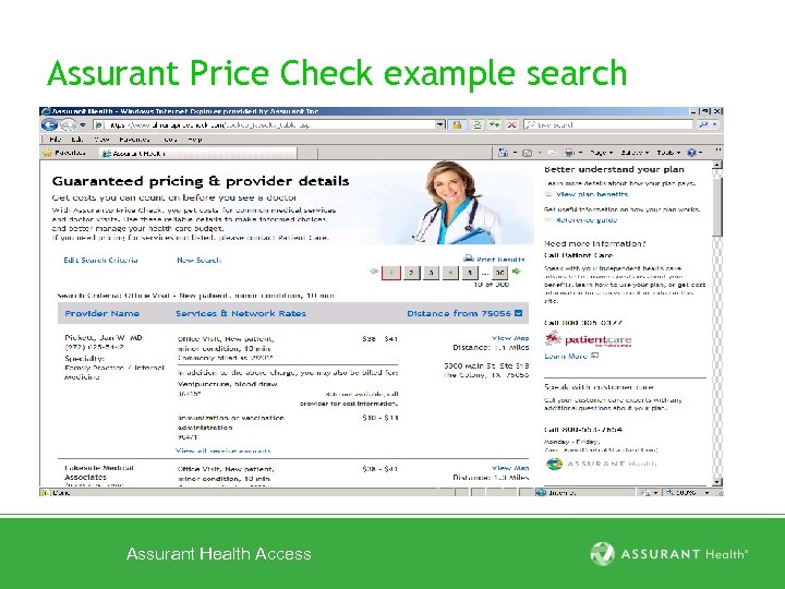 Assurant Price Check example search Assurant Health Access 