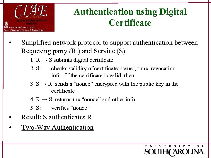 Authentication using Digital Certificate • Simplified network protocol to support authentication between Requesing party