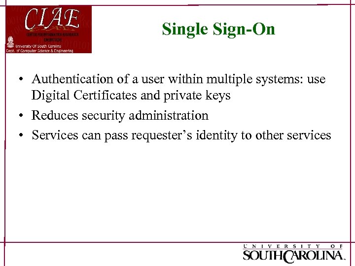 Single Sign-On • Authentication of a user within multiple systems: use Digital Certificates and