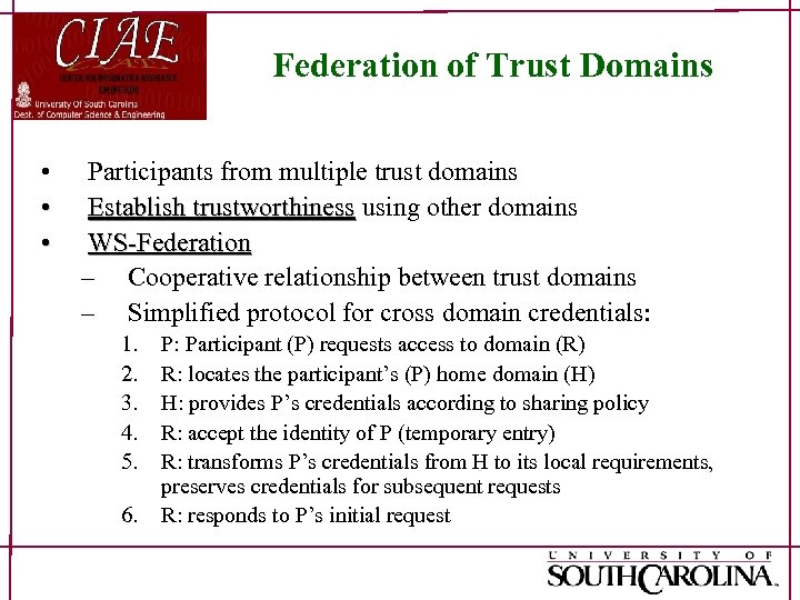 Federation of Trust Domains • • • Participants from multiple trust domains Establish trustworthiness