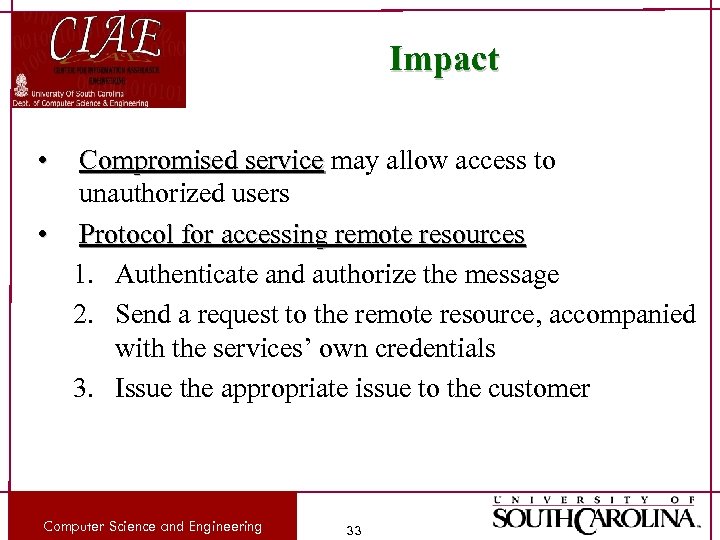 Impact • Compromised service may allow access to unauthorized users • Protocol for accessing