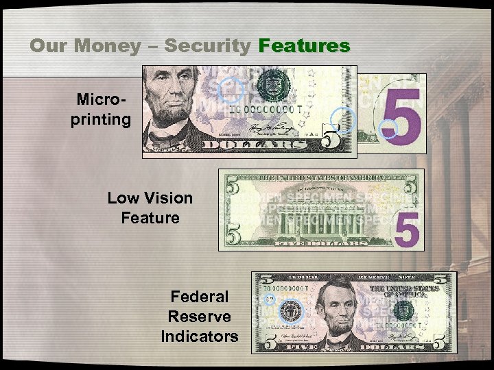 Our Money – Security Features Microprinting Low Vision Feature Federal Reserve Indicators 