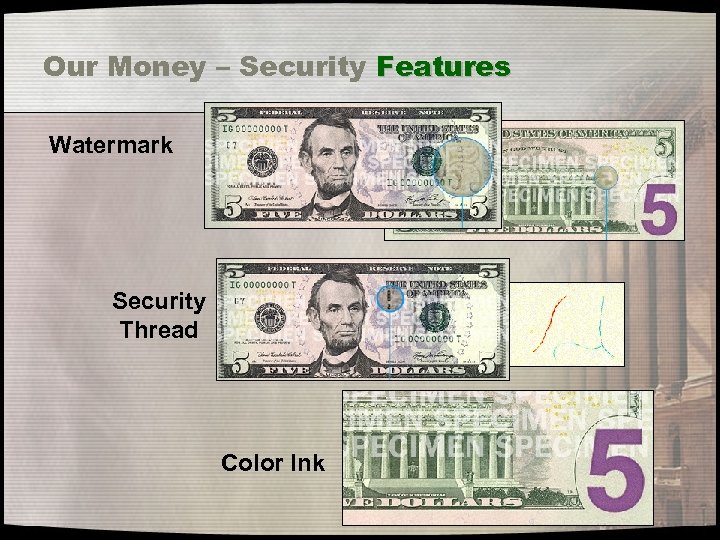 Our Money – Security Features Watermark Security Thread Color Ink 