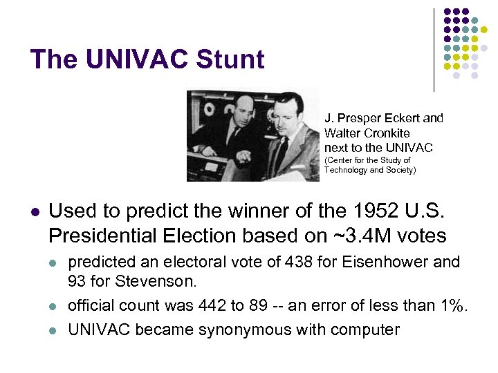 The UNIVAC Stunt J. Presper Eckert and Walter Cronkite next to the UNIVAC (Center