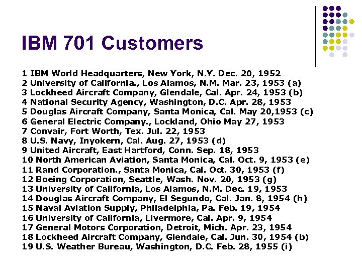 IBM 701 Customers 1 IBM World Headquarters, New York, N. Y. Dec. 20, 1952