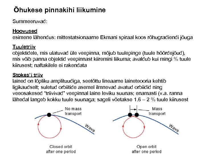 Õhukese pinnakihi liikumine Summeeruvad: Hoovused esimene lähendus: mittestatsionaarne Ekmani spiraal koos rõhugradiendi jõuga Tuuletriiv