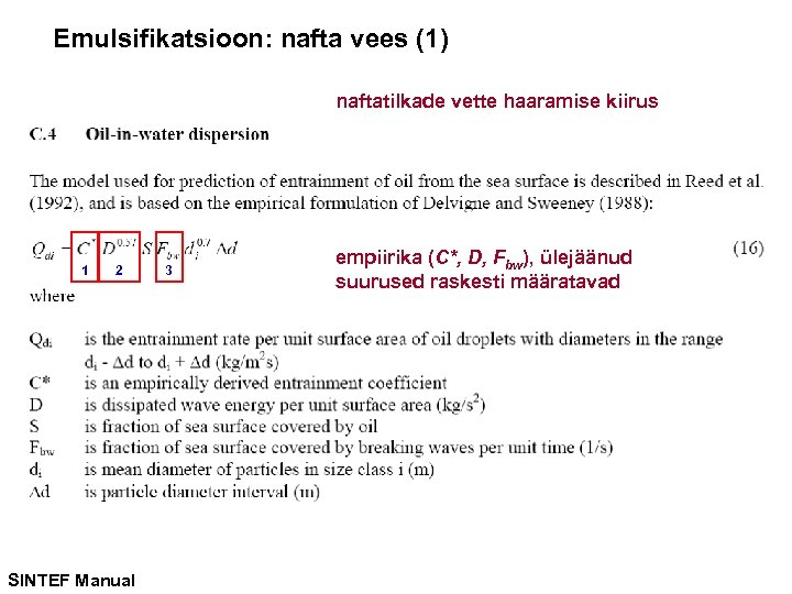 Emulsifikatsioon: nafta vees (1) naftatilkade vette haaramise kiirus 1 2 SINTEF Manual 3 empiirika