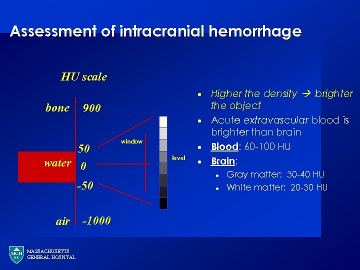 Assessment of intracranial hemorrhage HU scale · bone 900 · 50 water 0 -50