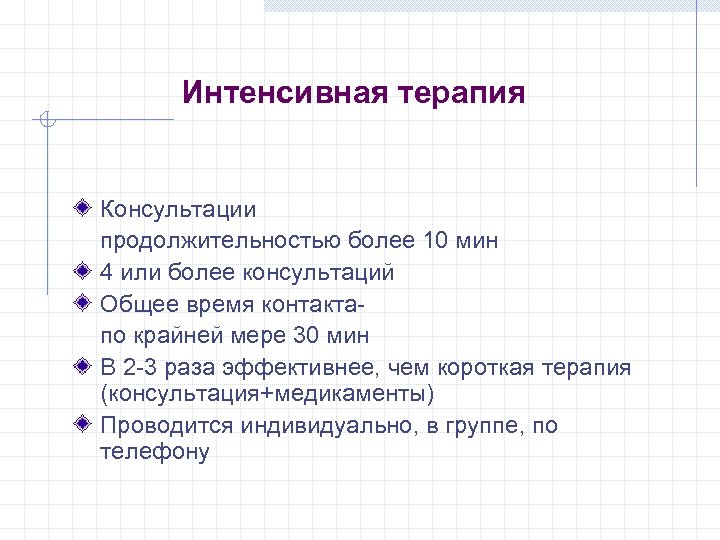 Интенсивная терапия Консультации продолжительностью более 10 мин 4 или более консультаций Общее время контактапо
