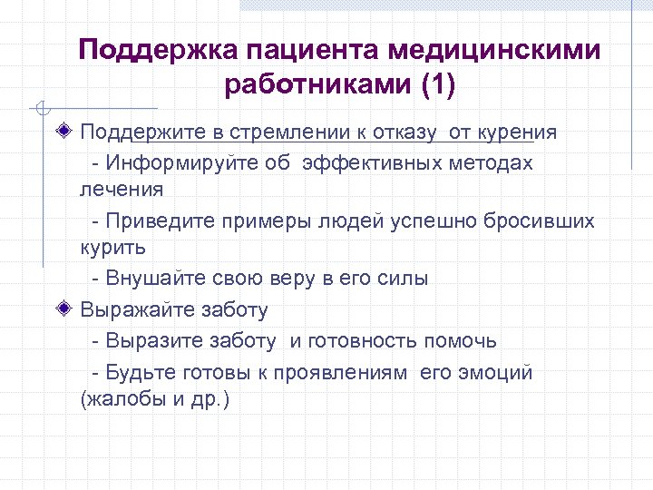 Поддержка пациента медицинскими работниками (1) Поддержите в стремлении к отказу от курения - Информируйте