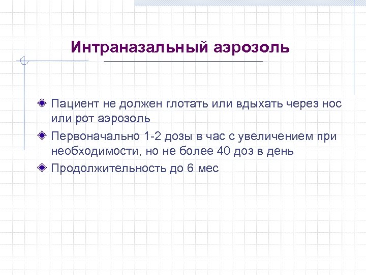 Интраназальный аэрозоль Пациент не должен глотать или вдыхать через нос или рот аэрозоль Первоначально