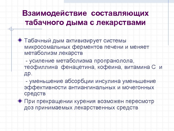 Взаимодействие составляющих табачного дыма с лекарствами Табачный дым активизирует системы микросомальных ферментов печени и