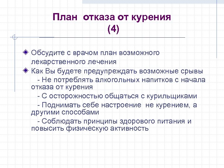 План отказа от курения (4) Обсудите с врачом план возможного лекарственного лечения Как Вы