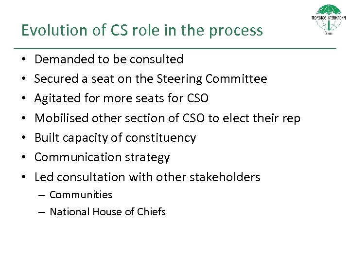 Evolution of CS role in the process • • Demanded to be consulted Secured
