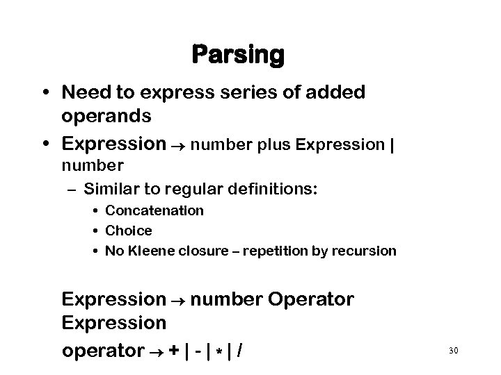 Parsing • Need to express series of added operands • Expression number plus Expression