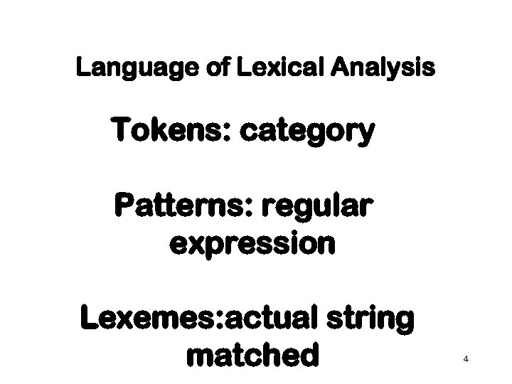 Language of Lexical Analysis Tokens: category Patterns: regular expression Lexemes: actual string matched 4