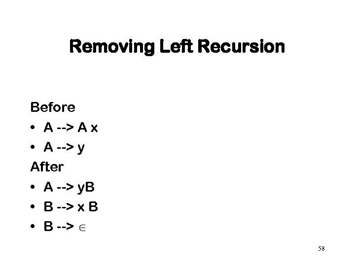 Removing Left Recursion Before • A --> A x • A --> y After