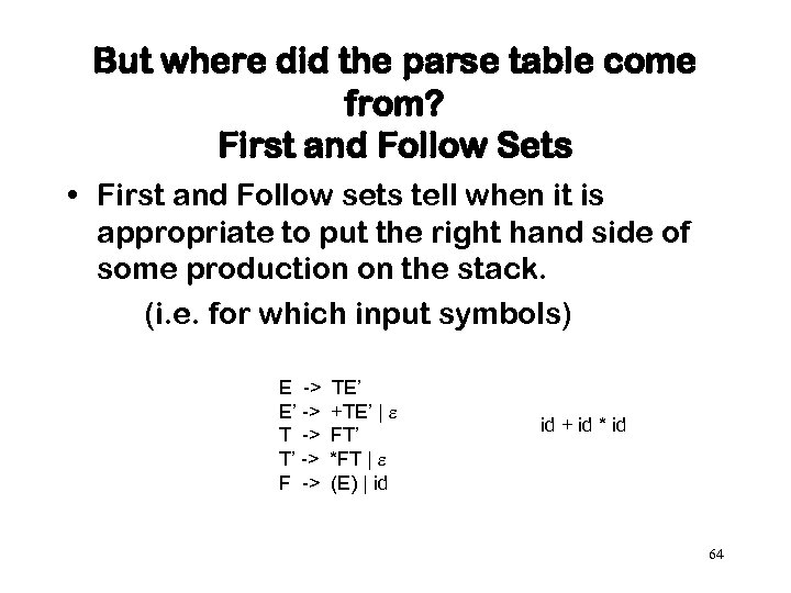 But where did the parse table come from? First and Follow Sets • First