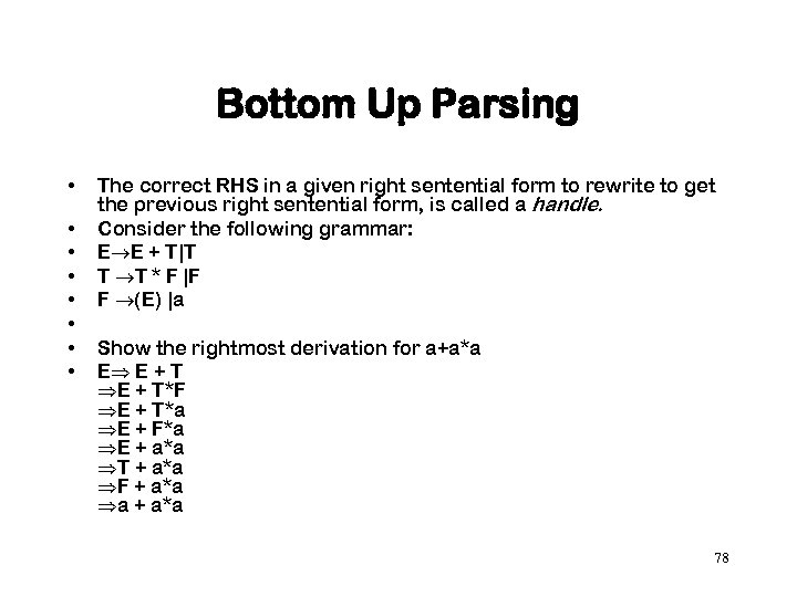 Bottom Up Parsing • • The correct RHS in a given right sentential form