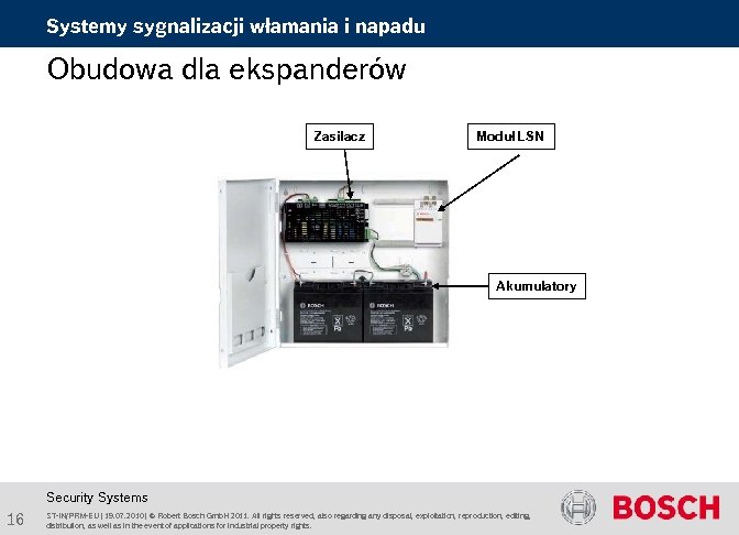 Systemy sygnalizacji włamania i napadu Obudowa dla ekspanderów Zasilacz Moduł LSN Akumulatory Security Systems