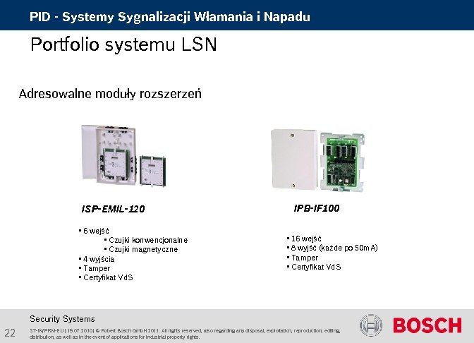 PID - Systemy Sygnalizacji Włamania i Napadu Portfolio systemu LSN Adresowalne moduły rozszerzeń ISP-EMIL-120