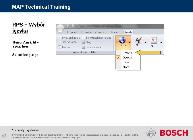 MAP Technical Training RPS – Wybór języka Menu: Ansicht – Sprachen Select language Security