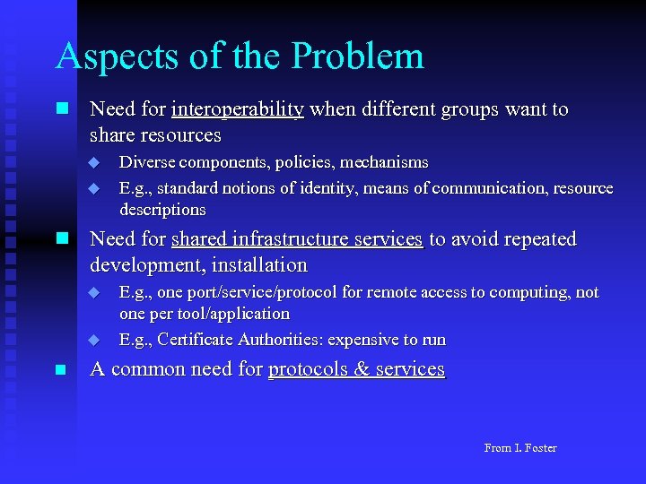 Aspects of the Problem n Need for interoperability when different groups want to share