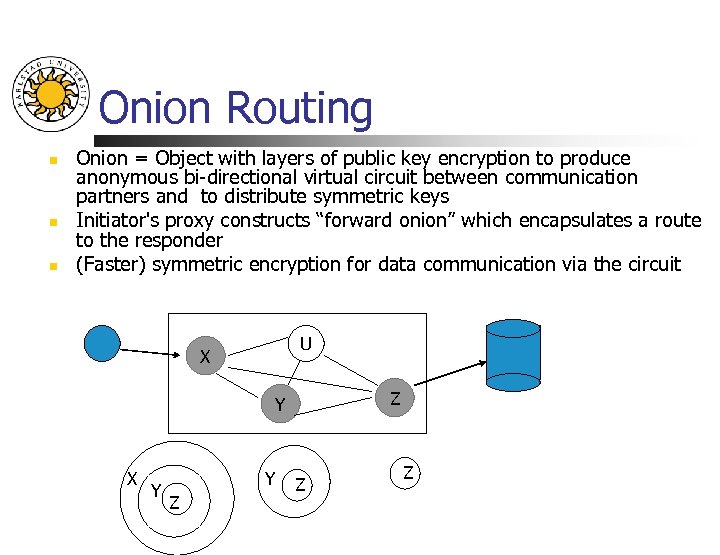 Onion Routing n n n Onion = Object with layers of public key encryption