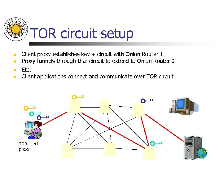 TOR circuit setup n n Client proxy establishes key + circuit with Onion Router
