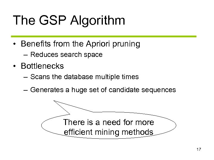 The GSP Algorithm • Benefits from the Apriori pruning – Reduces search space •